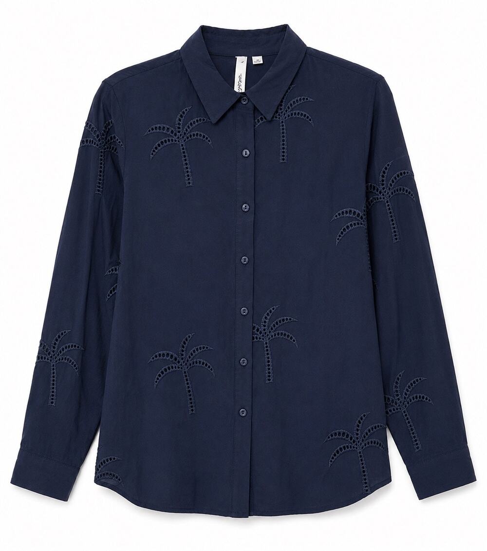 NWT NY Collection Navy Palm Tree Eyelet Button Down Blouse M